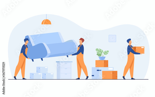 Moving to new apartment concept. Men in overalls taking boxes and furniture out of apartment. Flat vector illustration for housing, loading service, loader job, real estate sale concepts