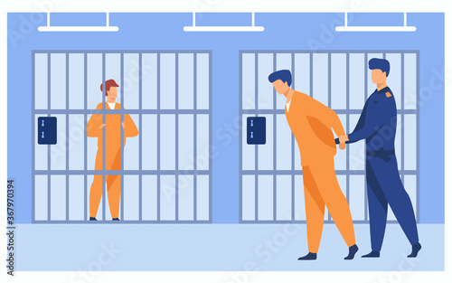 Criminals in jail concept. Guard officer escorting prisoner to prison room. Vector illustration for jailhouse worker, police investigation, crime, jail security work concepts