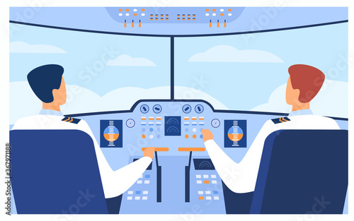 Aviation and flight concept. Airplane pilots and copilot navigating plane from cabin. Airplane crew at control panel. Vector illustration for travel, transport, airlines topics