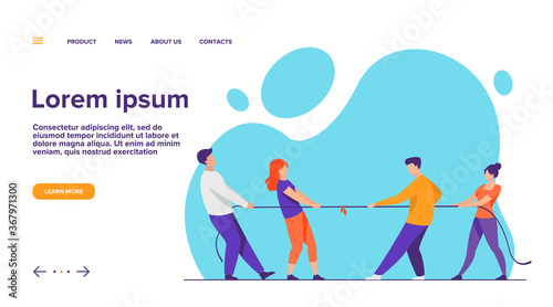 People pulling opposite ends of rope flat vector illustration. Tug of war contest between office workers. Competition challenge and confrontation concept