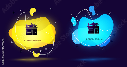 Black Seafood store icon isolated on black background. Facade of seafood market. Abstract banner with liquid shapes. Vector..
