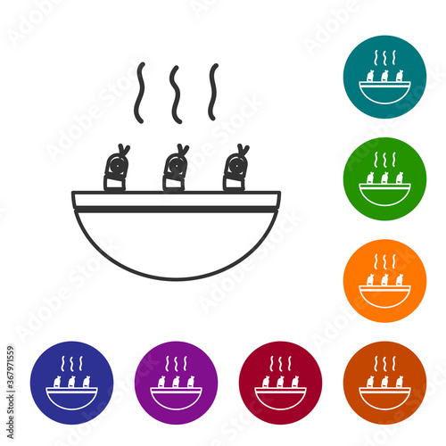 Black line Soup with shrimps icon isolated on white background. Tom yum kung soup. Set icons in color circle buttons. Vector..