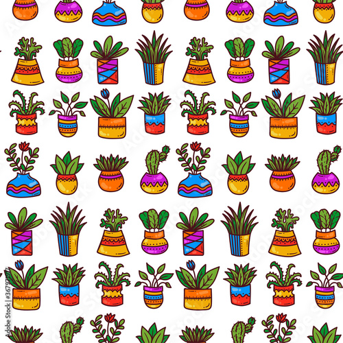 Cute flowerpots house plants seamless vector pattern