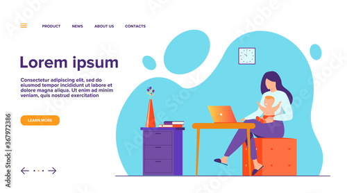 New mom working at home. Working mother holding baby in arms, using computer at her workplace. Can be used for freelance worker with kid, maternity, motherhood, online job concept