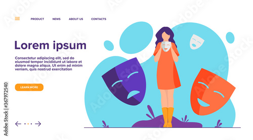 Person covering emotions, searching identity. Woman trying on carnival masks with happy or sad expressions. Vector illustration for psychology, mood changes, personality concept