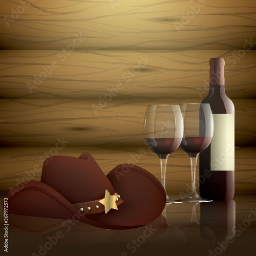 glass of wine with bottle and hat