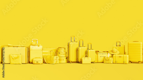 Yellow luggage on yellow pastel background. Yellow suitcases travel minimal  background concept. Yellow color minimalist mock up idea. Yellow colored holidays equipment animation. 
