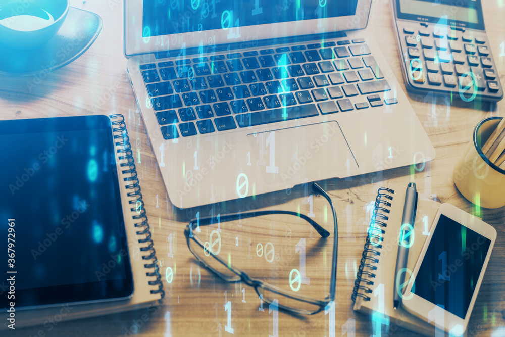 Double exposure of table with computer on background and data theme drawing. Concept of innovation. Double exposure of table with computer on background and data theme drawing. Concept of innovation.