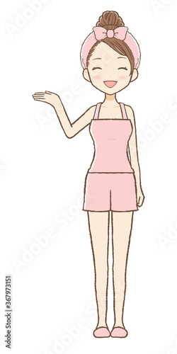 右手を上げて案内するルームウエア女性　にっこり