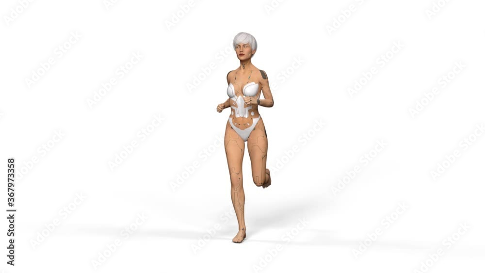 3D Render : Female Cyborg/Robot is running with the white background 3D Render : Female Cyborg/Robot is running with the white background