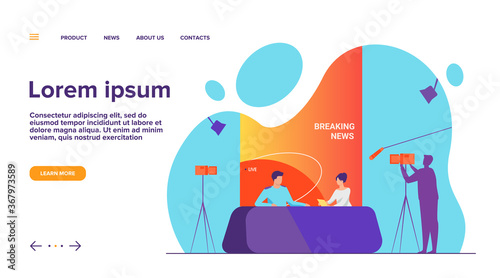 TV show shooting with film crew and backstage. News anchors talking to each other, posing for camera in studio. Vector illustration for breaking news, broadcasting, reporters concept