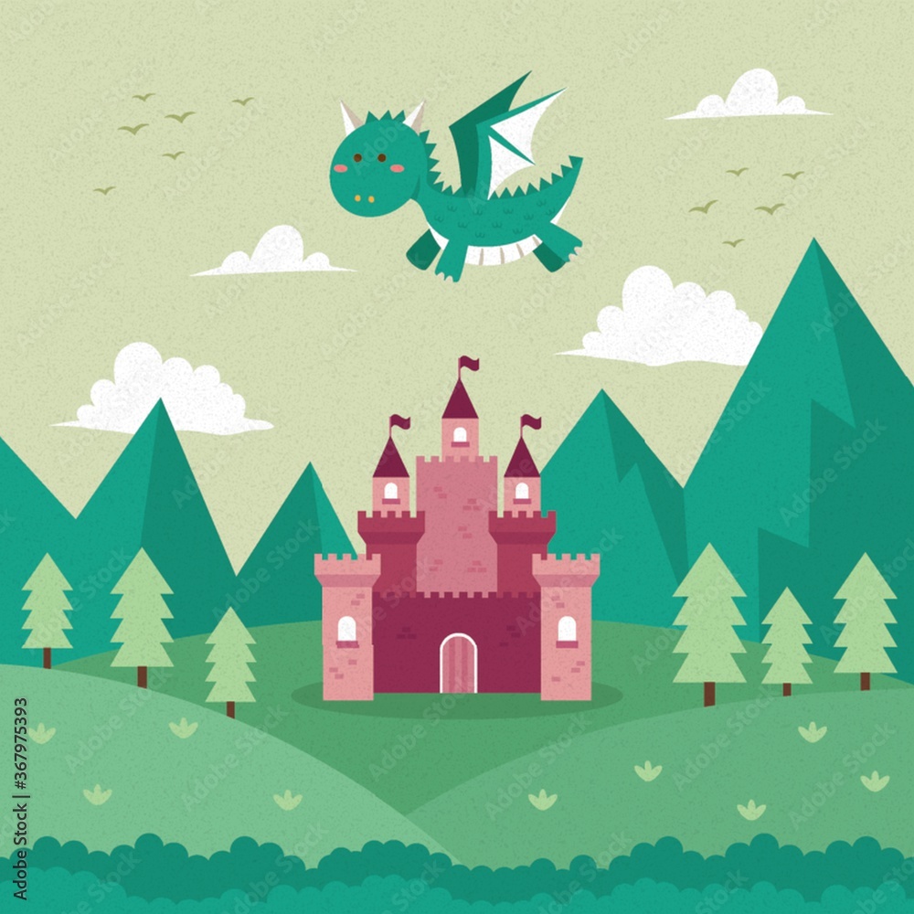 Fototapeta premium dragon flying over a castle