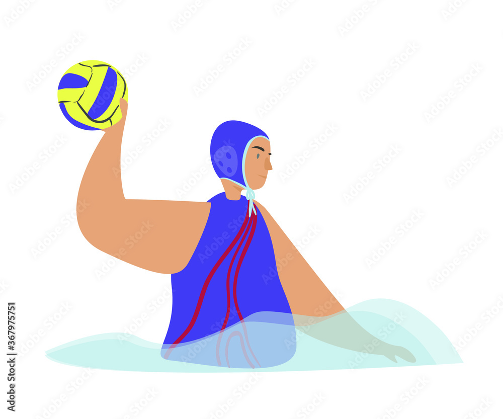 Water polo flat vector illustration. A man in the water in a swimming