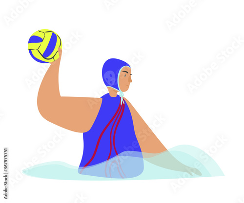 Water polo flat vector illustration. A man in the water in a swimming folder, a sports helmet, holds a ball in his hand and prepare for the throw. Championship, Competition, Sports types concept.