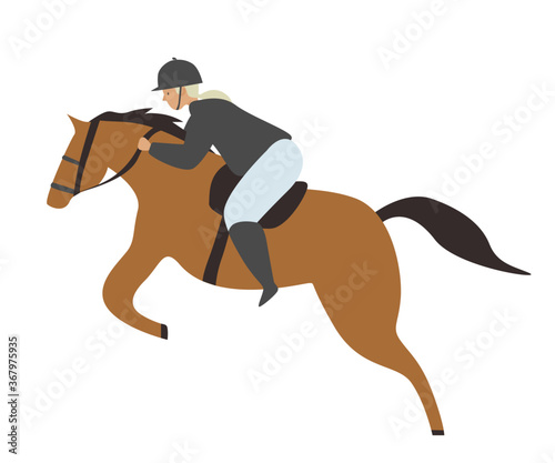 Horseback Riding flat vector illustration. Girl, woman in a special form rides a horse, sports exercises and jumping on a horse, training, game. Championship, Competition, Sports types concept.