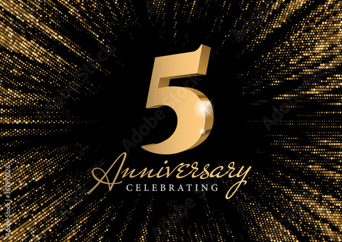 Anniversary 5. gold 3d numbers. Against the backdrop of a stylish flash of gold sparkling from the center on a black background. Poster template for Celebrating 5th anniversary event party. Vector