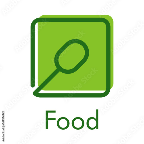 Concepto restaurante vegano. Logotipo lineal cuchara en cuadrado en color verde con texto Food