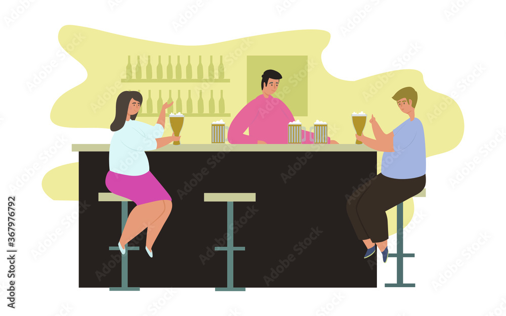 Beer tasting flat vector illustration. Alcohol Tasting Events, People have fun and try alcohol at the bar, event for tourists concept. Have a good time with friends in the evening after work.