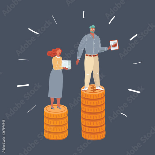 Illustration of woman and man standing at coins stacks. Weige inequality earnings, salary concept on dark background.
