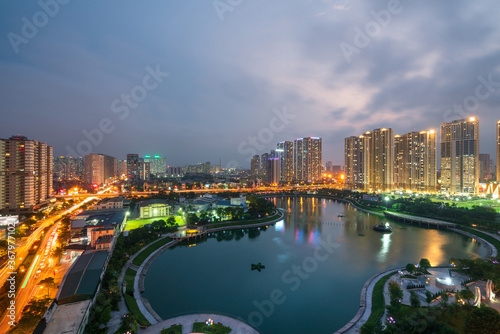 Cityscape of Hanoi skyline at Thanh Xuan park during sunset time in Hanoi city, Vietnam