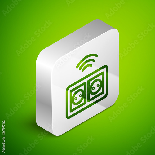 Isometric line Smart electrical outlet system icon isolated on green background. Power socket. Internet of things concept with wireless connection. Silver square button. Vector.