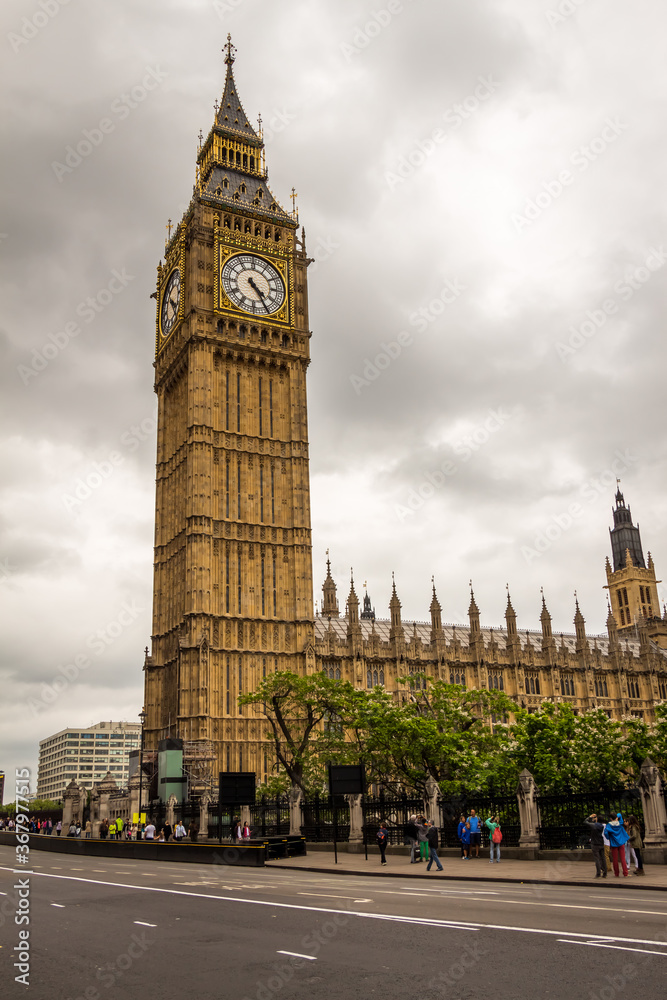 Big Ben tower clock in central London on a cloudy summers day in London