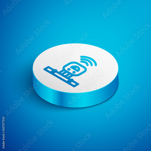 Isometric line Smart sensor system icon isolated on blue background. Internet of things concept with wireless connection. White circle button. Vector.