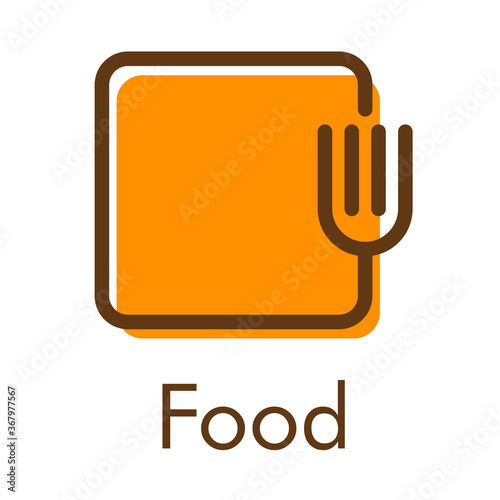 Concepto restaurante. Logotipo lineal tenedor en cuadrado en color naranja con texto Food
