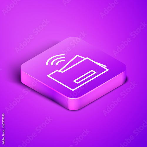 Isometric line Smart printer system icon isolated on purple background. Internet of things concept with wireless connection. Purple square button. Vector.