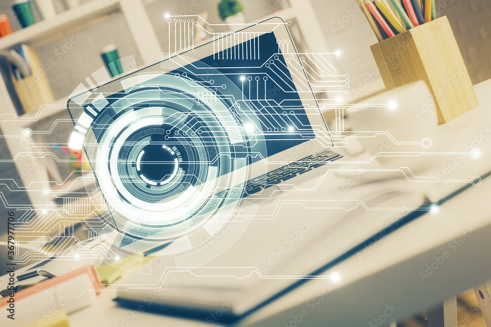 Double exposure of desktop with personal computer on background and tech theme drawing. Concept of data analysis. Double exposure of desktop with personal computer on background and tech theme drawing. Concept of data analysis.