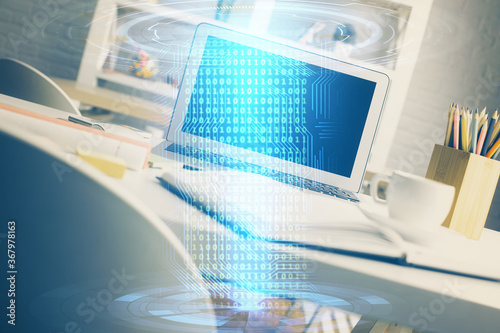 Wallpaper Mural Double exposure of desktop with personal computer on background and tech theme drawing. Concept of Bigdata. Torontodigital.ca