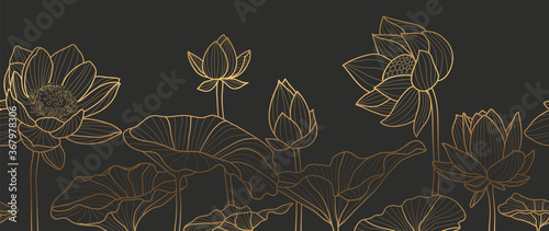 Luxury wallpaper design with Golden lotus and natural background. Lotus line arts design for fabric, prints and background texture, Vector illustration.