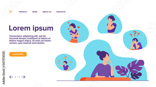 Woman expressing strong various feelings and emotions. Girl suffering from distracted behavior and mood changes. Vector illustration for mental disorder, psychology, stress, crisis concept