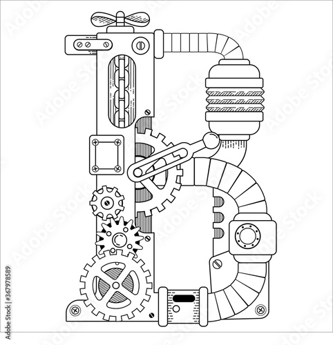 Vector Steampunk coloring book for adults. Mechanical letter alphabet made of metal gears and various details on white background. Capital letter B