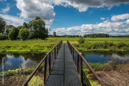 Obraz na płótnie View on the steel footbridge on the Liwiec river at sunny day near Mokobody, Masovia, Poland w salonie