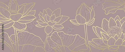 Fototapeta Naklejka Na Ścianę i Meble -  Luxury wallpaper design with Golden lotus and natural background. Lotus line arts design for fabric, prints and background texture, Vector illustration.