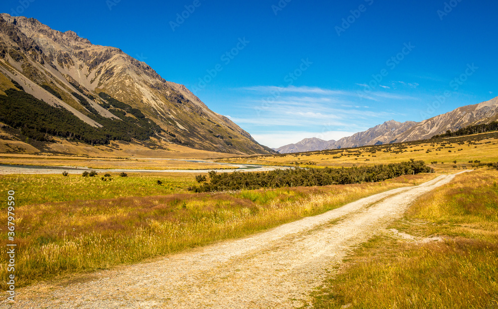 A track in the upper Ahuriri River valley on a sunny summers day