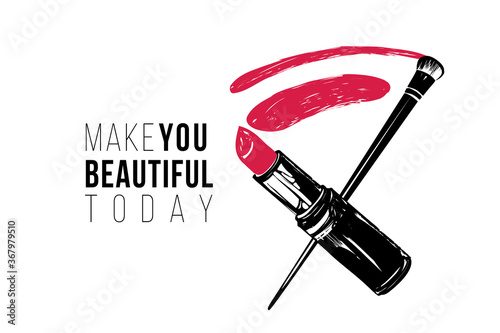 Simple greeting card with lipstick smear and brush. Professional makeup artist background. Black fashion illustration on white background. Hand drawn art in watercolor style