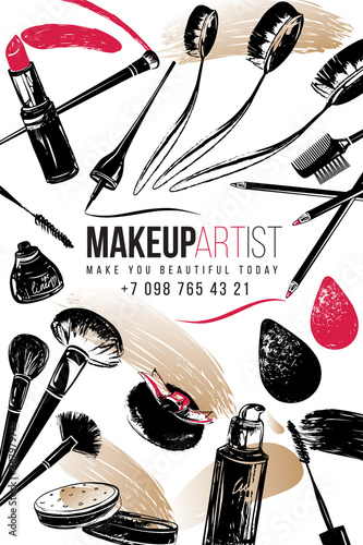 Professional makeup artist business card and banner background. Black fashion illustration on white backdrop. Hand drawn art in watercolor style.