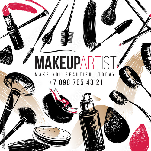 Professional makeup artist business background. Black fashion illustration on white backdrop. Hand drawn art in watercolor style.