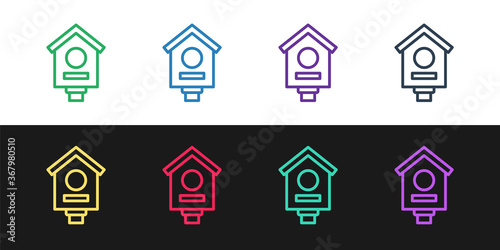Set line Bird house icon isolated on black and white background. Nesting box birdhouse, homemade building for birds. Vector.