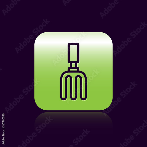 Black line Garden rake icon isolated on black background. Tool for horticulture, agriculture, farming. Ground cultivator. Green square button. Vector.