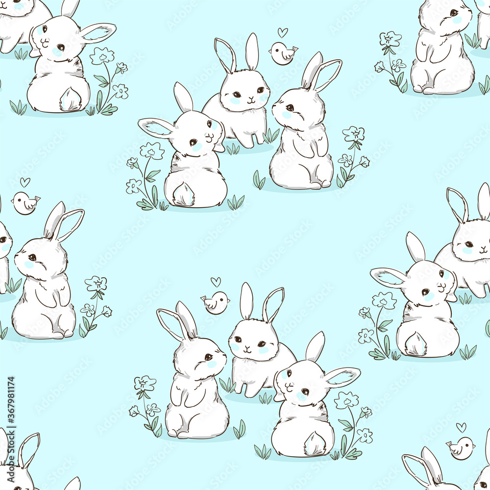 Fototapeta premium Seamless pattern Rabbit. Beautiful Decorative Bunny Blue Background, Element for design. Contemporary abstract design print textile. Vector.