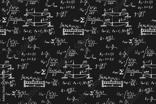 Physical seamless pattern with the equations, figures, schemes, plots and other calculations. Handwritten vector Illustration.