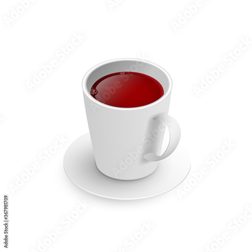 Realistic 3d cup of hot aromatic freshly brewed drink black tea. A teacup isometric view isolated on white background. Vector illustration for web, design, menu, app