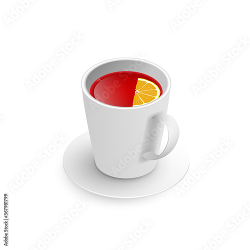 Realistic 3d cup of hot aromatic healthy herbal rooibos or hibiscus red tea with lemon. A teacup isometric view isolated on white background. Vector illustration for web, design, menu, app
