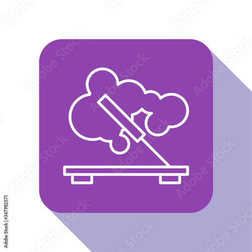 White line Scented spa stick on a wooden stand icon isolated on white background. Incense stick. Cosmetic procedure aromatherapy. Purple square button. Vector.