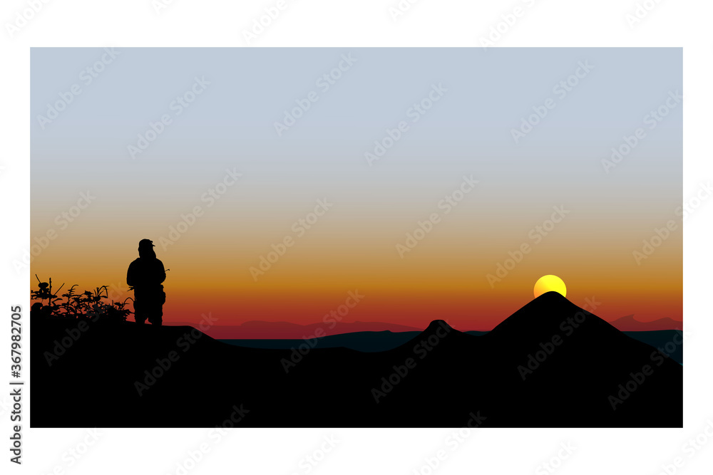 Fototapeta premium Panorama of mountains with silhoute man, wilderness, valley at sunset or sunrise. Natural vector background, landscape with mountains and sun