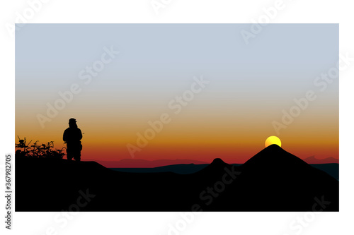Panorama of mountains with silhoute man, wilderness, valley at sunset or sunrise. Natural vector background, landscape with mountains and sun