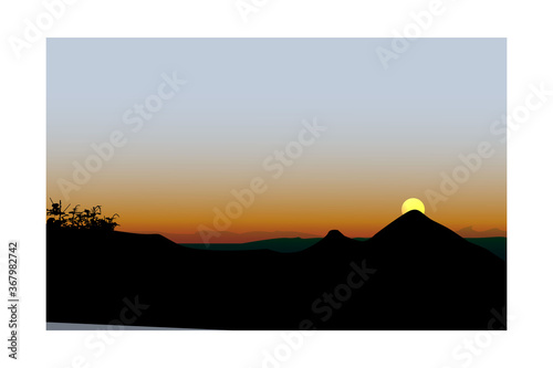 Nature vector background, landscape with mountains and sun. Panorama of mountains on sunrise.